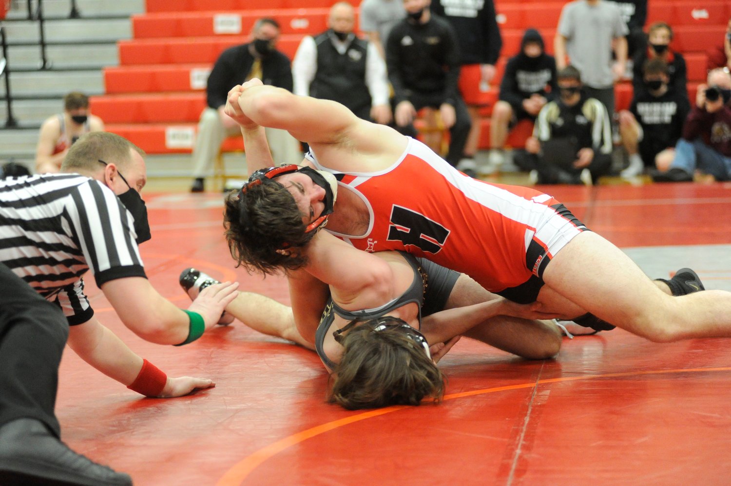 Crowned champion. In bout #14, Honesdale’s Tim Dailey won a hard-fought 1l-7 decision over his opponent. At the District AA tourney, Dailey was tabbed champ in the 189-pound weight class.